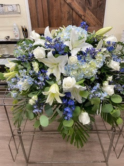 Blue Hydrangea and Lily Casket Spray