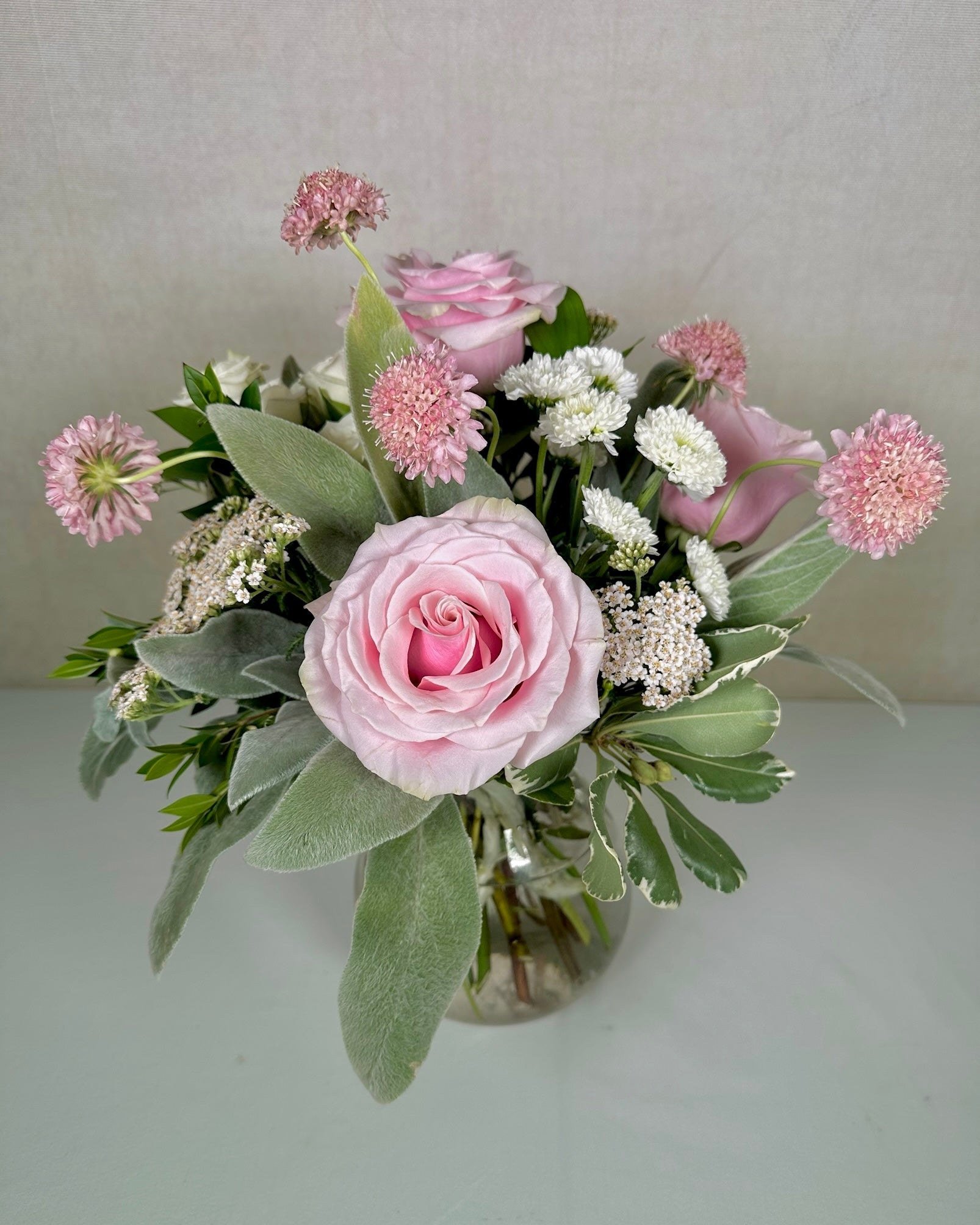 Sweet Pink Roses and Lambs Ear Sympathy Arrangement