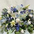 Blue Hydrangea and White Lily Casket Spray
