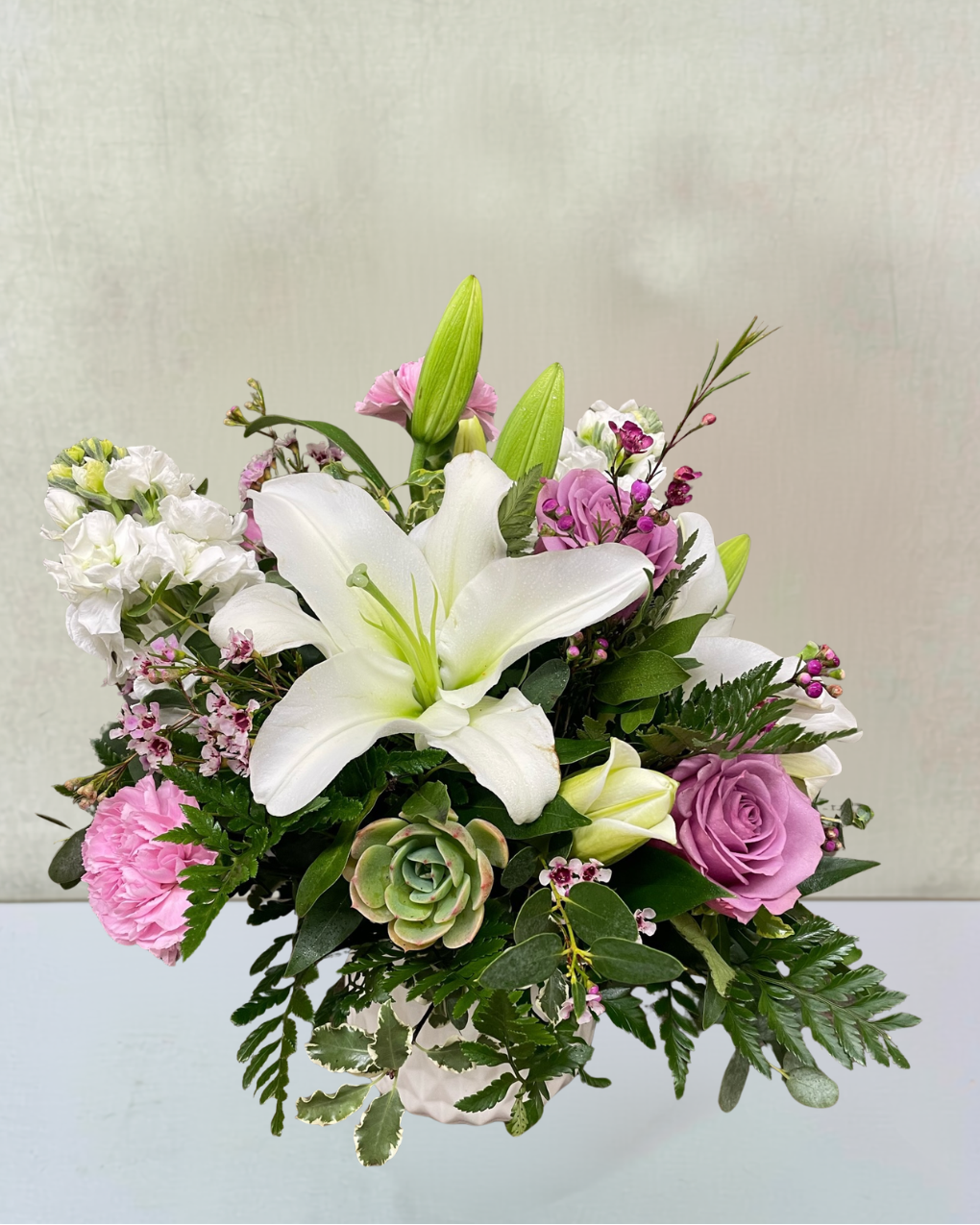 Lilies, Roses and a Sweet Succulent Sympathy Arrangement