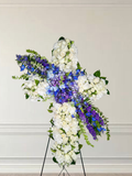 White Sympathy Cross with Blue and Purple Spray