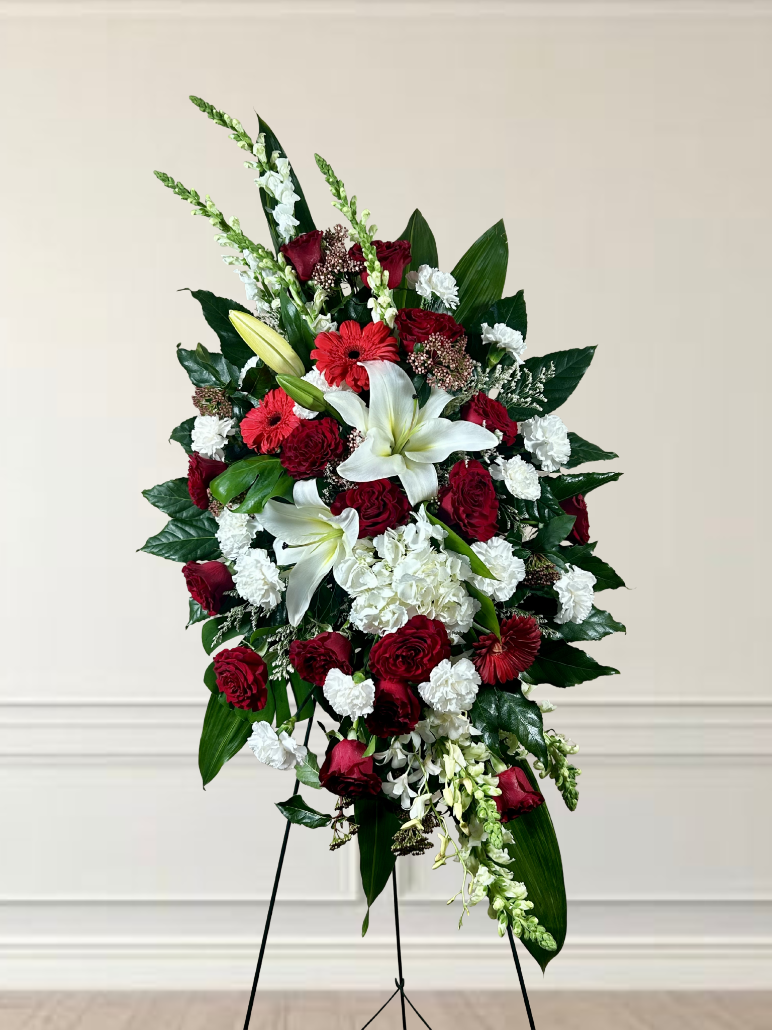 Lovely Red Roses and White Oriental Lilies Standing Spray